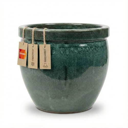 Teramico Pot de fleurs en grès fait à la main - En céramique résistante au gel avec trou de drainage - Dimensions du pot résistant aux intempéries - Idéal pour l'intérieur et l'extérieur - Vert mousse