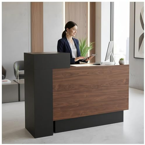 POPICK Empfangstheke, Moderner Empfangstresen aus Holz mit Schublade und Schrank, Verkaufstheke L Form mit Trennwand, Rezeptionstisch für Friseursalon, Kosmetikstudio, Praxis, Büro, Laden, Hotel