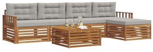 vidaXL Outdoor-Sofagarnitur mit Kissen 6 pcs Natürlich und Hellgrau, Outdoor Sofa, modernes Gartenmöbel für Terrasse, gemütliches Sitzset, robust und stilvoll