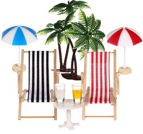 Veemoon Mini sombrilla de playa de palmera, 2 juegos de accesorios de playa para casa de muñecas, sombrilla en miniatura, silla de palmera, mesa de té redonda, bebidas para casa de muñecas