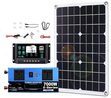 Convertisseur Kit Complet Système Solaire 7000W 12V/24V À 110V/220V Contrôleur 100A Panneau 500W Onduleur Hors Réseau pour Maison/Camping Sauvegarde Onduleur