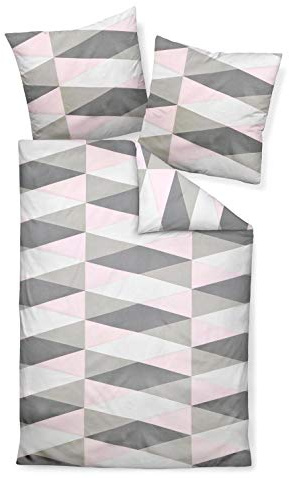 Janine Bettwäsche Set J.D. 87014 01 Rosa Taupe Grau Geometrie Dreieck Raute Modern Baumwolle Mako Satin, Größe:155 cm x 220 cm