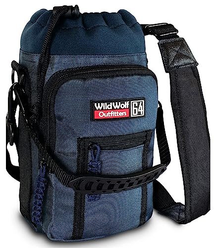 Wild Wolf Outfitters Water Bottle Carrier Holder with Adjustable Strap and 2 Pockets for Hands-Free Walking and Hiking | Navy, 1.9 L
