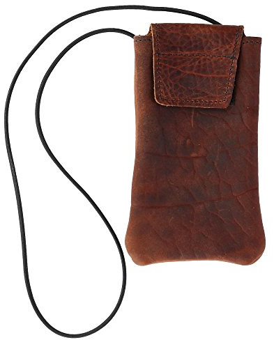 Textured Bison Leather Eyeglass Case with Neck String, Dark Pecan