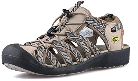 GRITION Frauen Athletisch Wandern Sandalen Geschlossene Zehe Wasser Schuhe Abenteuerlichen Outdoor Sport Trail Sommer MEHRWEG (40 EU, Beige)