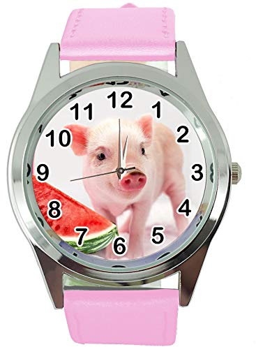 TAPORT® Armbanduhr Analog Quarz mit Echtlederband rosa rund für Ferkel Babe Fans