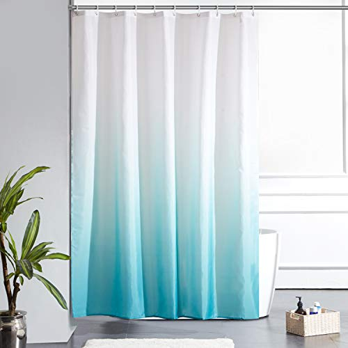 Furlinic Duschvorhang Badvorhang Textil aus Polyester Stoff Schimmelresistent Wasserdicht Waschbar für Dusche Badewanne 150x180 Weiß nach Aquamarine mit 10 Duschvorhangringen.
