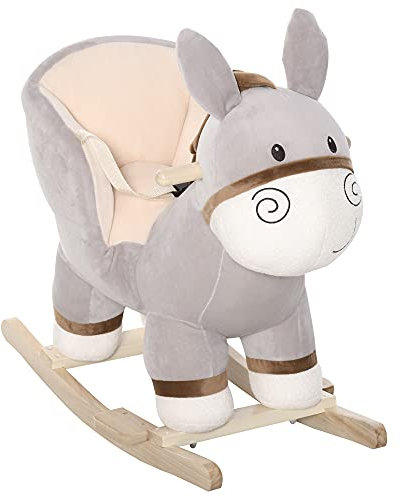 HOMCOM Cheval à Bascule modèle âne Fonction Musicale Selle Grand Confort Peluche Courte Douce Bois peuplier Gris dim. 61L x 34l x 58H cm