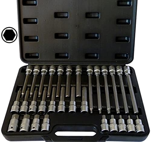 PeTools, 30tlg. Innen-Sechskant (+15% Härtegrad, da S2-Stahl) 1/2 Steckschlüssel-Satz, 5-19mm Bit-Einsatz Werkzeug