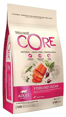 Wellness CORE Sterilised Ocean, Lachs & Thunfisch, 4 kg, Katzenfutter trocken für sterilisierte Katzen, ohne Zuckerzusatz, getreidefrei, mit hohem Fleischanteil, fördert ein glänzendes Fell