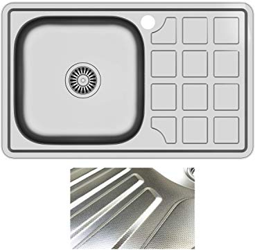 VBChome Einbauspüle 78x48 Leinenstruktur ab 50er Unterschrank Edelstahl Küchenspüle Spüle Ablagefläche Abtropffläche Rechts eckiges Camping Ablaufgarnitur Siphon Wasserhahn Inox Edelstahl