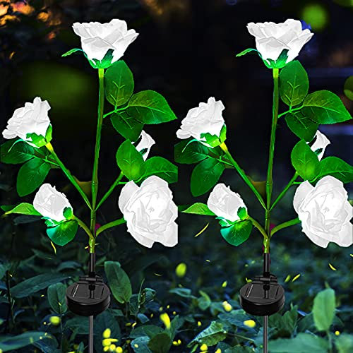 ZQX solar gartenleuchten für außen, 2 Stück LED Solar Rosen mit 10 Größeren Blumen und Breiteren Sonnenkollektoren, IP65 Wasserdicht Solarlampe für Außen Deko Stehend Balkon Outdoor Terrasse (Weiß)