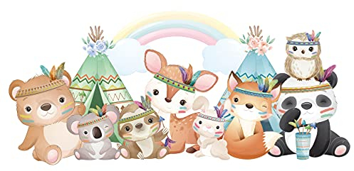 Wandsticker Boho Wald Tiere Wandtattoo Aufkleber für Kinderzimmer Babyzimmer Spielzimmer selbstklebend Wandtattoo Kinder Sticker Mädchen Junge YX031 (M: 75x35cm)