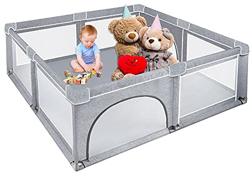 NAIZY Baby Laufstall XXL Laufgitter Grau Absperrgitter mit Rutschfester Basis und Atmungsaktivem Netz für Kinder im Innen- und Außenbereich (200 * 180 * 68cm)