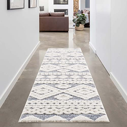 carpet city Teppich-Läufer Hochflor Flur - 80x300 cm - Landhaus-Stil Ethno Grau Creme - Cut-Loop, Hochtief, 3D-Effekt - Shaggy Teppiche Flauschig-Weich Schlafzimmer Langflor Bettvorleger