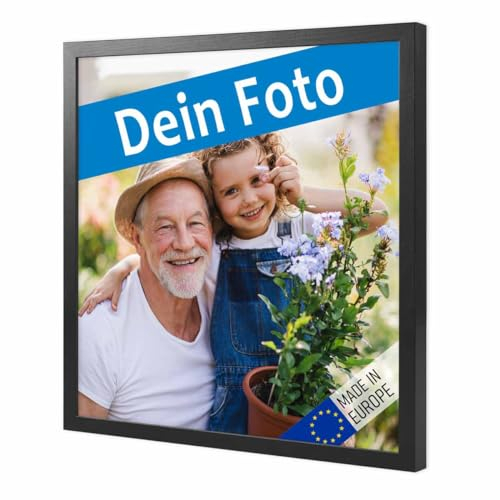 PHOTOLINI Bilderrahmen mit Foto selber gestalten, Fotorahmen 30x30 cm Holz Schwarz personalisiert mit Bild, Holzrahmen Made in EU, bruchsicheres Acrylglas, zum Aufhängen, quadratisch