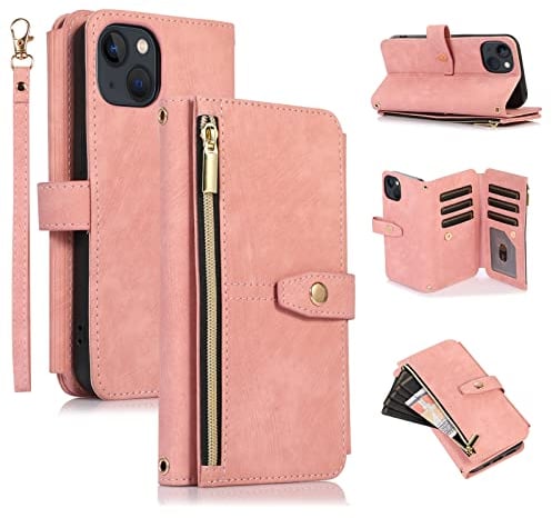 UEEBAI Case for iPhone 13 6.1 inch, 9 Card Slots Retro Leather Wallet Shockproof Flip Cover with Hand Strap Card Slots Zipper Pocket Kickstand Handbag Magnetic Closure - Vintage Rose Gold