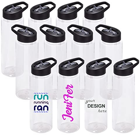24 oz Clear Water Bottles with Straw, 12 Pack Bulk Reusable Sports Water Bottle with Handle, Wide Mouth & Portable for Travel Gym Cycling Hiking Camping, for Personalized DIY Teacher Nurse Gift