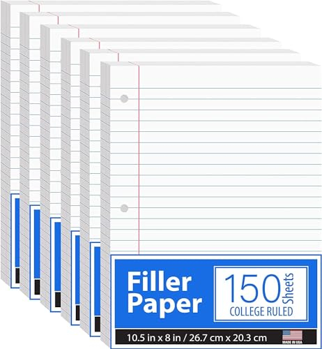 Notizbuchpapier, lose Blätter, liniertes College-Papier, 26,7 x 20,3 cm, Füllpapier, hohe Qualität 56 g/m², 150 Blatt pro Packung, 900 Blatt (6er-Pack)