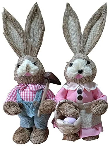 ZWMBYN Standing Straw Easter Bunny Rabbit Statues, Collectible Easter Bunny Figurines Home Table Decor Ornament, Farmhouse Rustic Bunnies for Home Party Easter Decoration(2 Pack)