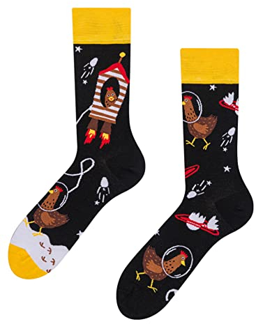 Dedoles Socken Unisex Damen Herren & Kinder Baumwolle viele lustige Designs 1 Paar Geschenk links rechts verschieden, Farbe Schwarz, Motiv Hühner-Astronaut, Gr. 39-42