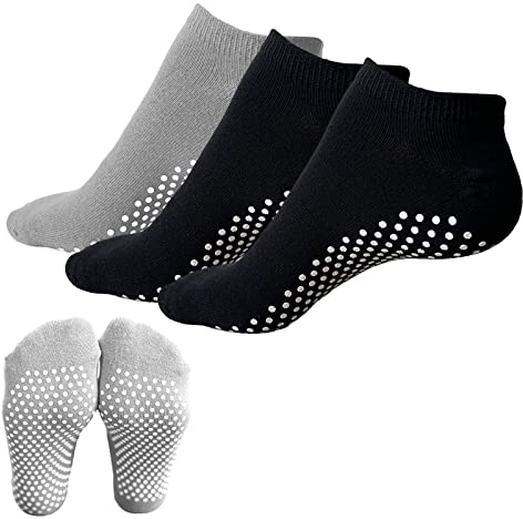 KEYRI 3 Paare Yoga Socken für Frauen und Männer Sneaker Socken Pilates Rutschfeste Socken Für Ballett,Gymnastik,Tanz,Zuhause,Stoppersocken Antirutschsocken Baumwolle,Einheitsgröße (2 Schwarz + 1 Grau)