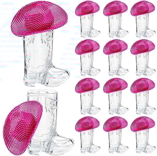 Tanlade 24 Pcs Cowboy Boot Shot Glasses Mini Pink Cowgirl Hat Glitter Sequin Western Cowboy Cowgirl Wedding Party Decoration(Stylish)