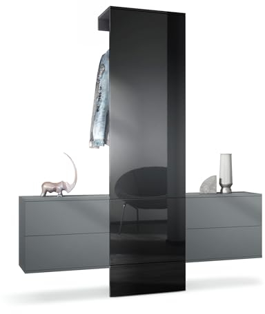 Vladon Garderobe Carlton Set 3, Made in Germany, Wandgarderobe aus Flur-Paneel & 2 Schubladen-Kommoden, Anthrazit matt/Schwarz Hochglanz (157 x 193 x 35 cm)