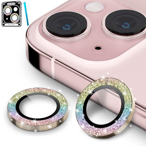 CloudValley for iPhone 15 Plus/iPhone 15 Camera Lens Protector, Ultra-HD Tempered Glass Camera Cover [Case-Friendly] Metal Individual Lens Screen Protective Ring, Glitter Colorful