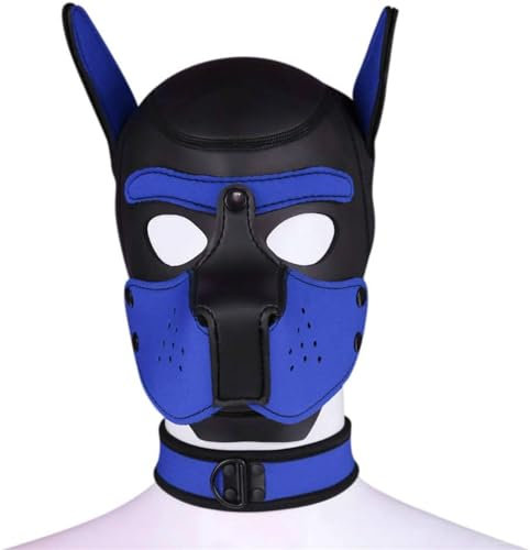Meitaoyigou Neopren-Welpen-Haubenmaske mit Kragen, abnehmbare Cosplay-Hunde-Vollgesichts-Welpen-Haubenmaske, Halloween-Maske, Partykostüm (Blau, XL)