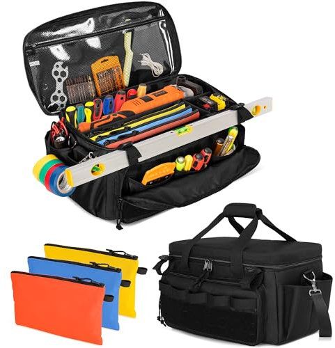 Rexmica 17 Inch Tool Bag and 3 Tool Pouches, Tool Storage Organiser for Men with Anti-friction and Thick Padded Bottom, Tactical Bag, Multi-functional Work Bag for Repairman, Electrician, Carpenter