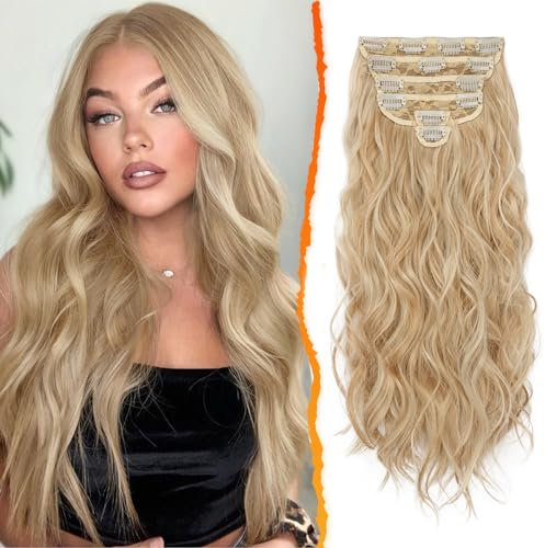 BARSDAR Clip in Haarverlängerung, 50CM Lang Wellig Blond Haarextension 6PCs Voller Kopf Dickes Synthetisches Haarteil Für Damen (Honig Blond Mix)