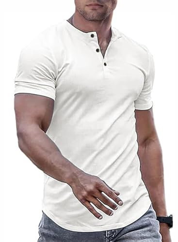Meilicloth Men Muscle T Shirt Slim V-Neck Longline White Tops Button up Henley Shirt Gym Workout Athletic Tee Shirts