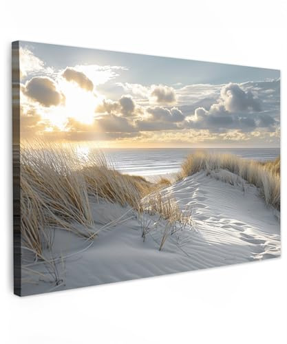 MuchoWow© Bild auf Leinwand Schlafzimmer Bilder Badezimmer Wand Deko | 60x40 cm - Wohnzimmer Modern Wanddeko Bilderwand Geschenk Sonnenuntergang - Dünen - Pflanzen - Natur - Strand