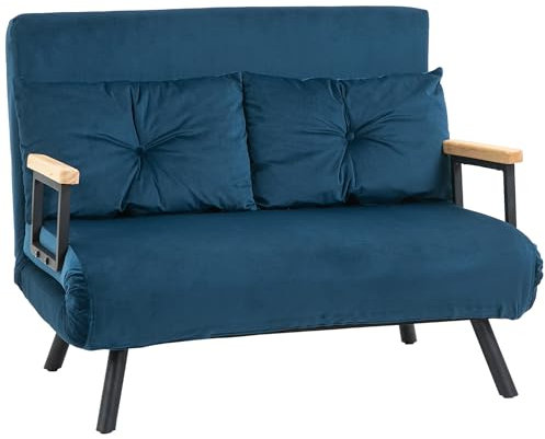 HOMCOM Canapé Convertible 2 Places 4 en 1, canapé-lit avec Dossier réglable sur 5 Niveaux, 2 Coussins et siège rembourré, Tissu Effet Velours, pour Salon, Chambre d'amis, Petit Espace, Bleu