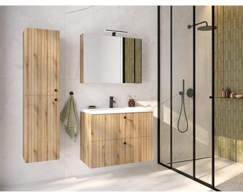 Lomadox Badmöbel Set 3-teilig, 80 cm Waschtisch, Spiegelschrank mit Beleuchtung, Hochschrank, Eiche