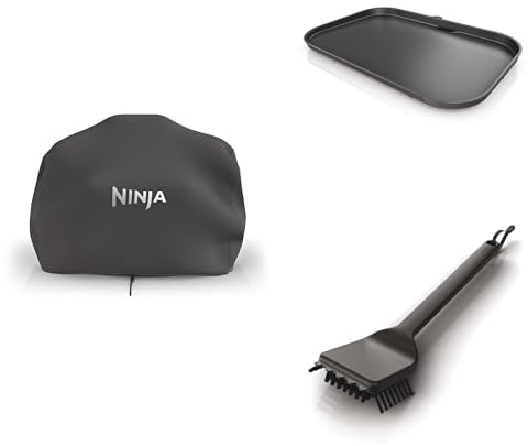 Ninja Woodfire Housse pour Barbecue XL, Compatible avec OG850 / OG901, XSKOGXLCVREU + Plancha XL, Plaque à rainures Plate Non adhésive, XSKOGXLFPLTEU + Brosse de Nettoyage de Barbecue, XSKOGXLCNBSEU