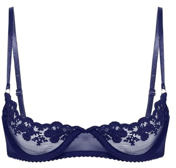 renvena Reggiseno da Donna in Pizzo Floreale Mezza Coppa Balconcino Bra con Ferretto Brasiliana Reggiseno Hot Aperto Trasparente Lingerie Underwear Blu Scuro S