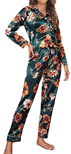 Dinglong Pyjamas Femmes Pyjama Satin Femmes Mode Pyjama Imprime Ensembles à Manches Longues Bouton vers Le Bas vêtements de Nuit vêtements de Nuit Doux Ensembles de Salon Pyjama Satin