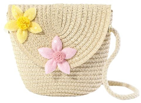 AWAVM Little Girl Cute Straw Crossbody Bag - Braided Floral Princess Bag for Kids Girls Shopping School Travel (Floral)