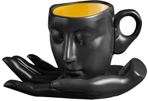 Tasse à visage humain, tasse à thé avec visage – Ensemble de tasse à thé et soucoupe artistique en céramique de 260 ml sculpté, tasse à thé à visage unique avec soucoupe à main, tasses à expresso non