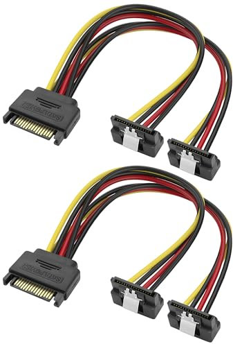 MEIRIYFA SATA 15Pin Power Y Splitter Kabel, SATA 15 Pin Stecker auf Dual Buchse Rechter Winkel Adapter Netzteil 18AWG für Festplatten Disks, SATA, HDD, SSD (2Pack, 20CM)