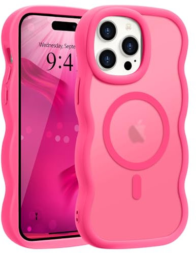 Pepmune Magnetic for iPhone 14 Pro Max Case [Compatible with Magsafe] Translucent Matte Cute Curly Wave Frame Phone Case,Soft TPU Bumper Slim Fit Shockproof Protective Cover for Men Women-Hot Pink