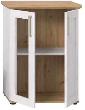 möbelando Vitrine >Verona< in Sibiu Lärche Nachbildung 1 Tür 1 Einlegeboden Wohnzimmer; Arbeitszimmer, Esszimmer, Jugendzimmer stehend- oder hängend montierbar, re./li. Montierbar 64x88x37 (BxHxT)