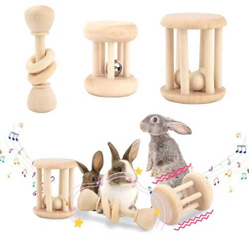 FIDWALL 3 Pcs Wooden Bunny Toys with Bell,Safe Jouet Lapin pour Dents Rongeantes,Jouet pour intérieur et extérieur,Maison Lapin avec Accessoiresv
