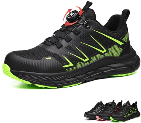 UnPtios Lightweight Safety Trainers for Men Women Breathable Safety Shoes Wide Fit Steel Toe Caps Non-Slip Work Shoes for Warehouse Driver Construction Comfort Air Cushion Green 11.5UK