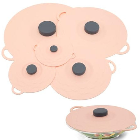 Coperchio in silicone, 5 pezzi, riutilizzabile, in silicone, 5 misure, antipolvere, resistente al calore, con effetto di aspirazione per cucina, Rosa