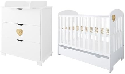 Heart Babyzimmer Set Weiß 2in1 Babybett 120x60 mit Schublade Umbaubar zum Juniorbett + Wickelkommode mit Wickelaufsatz Skandinavisches Design Herz Natur