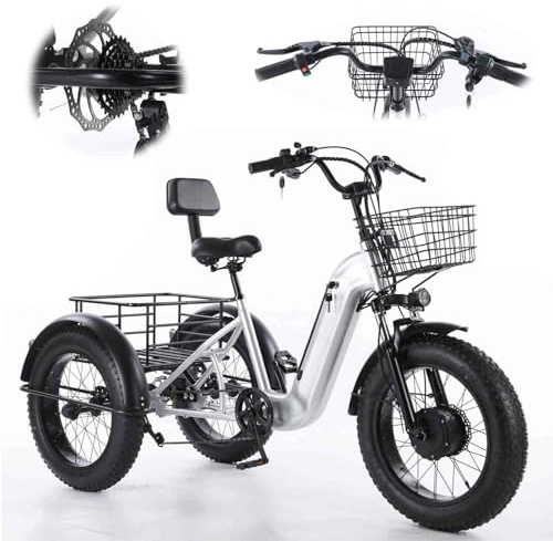 SXYKXYDL Dreirad für Erwachsene mit 7 Gängen (breiterer Sitz), 20-Zoll-Räder, herausnehmbarer 48-V-/12-Ah-Akku mit Schloss, Fatbike-Dreirad mit Gepäckkorb