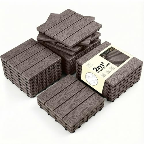LARDECOR - Baldosas Encajables WPC 30x30 cm para Suelo, Pack 22 Piezas, 2 m², Losetas para Terraza, Balcón, Patio y Jardín, Diseño con Drenaje y Superficie Antideslizante (Café Madera)
